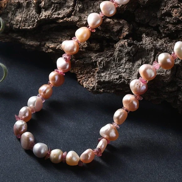Gorgeous White Freshwater Pearl & Redondo Pink Tourmaline Necklace 18” RG/SS - Picture 2 of 8